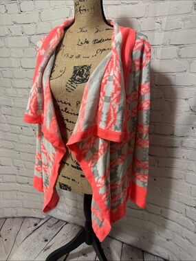 B Sharp cardigan sweater vibrant Aztec tribal pattern open-front waterfall style